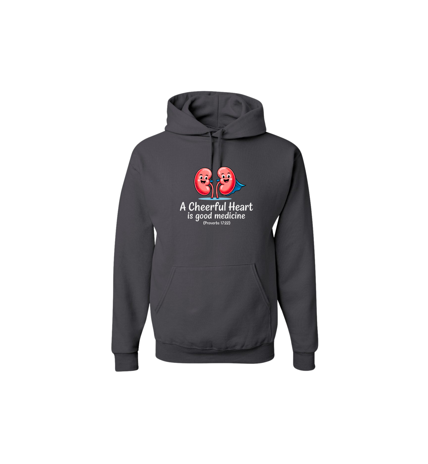 Dark gray hoodie with a graphic design and text on a white background