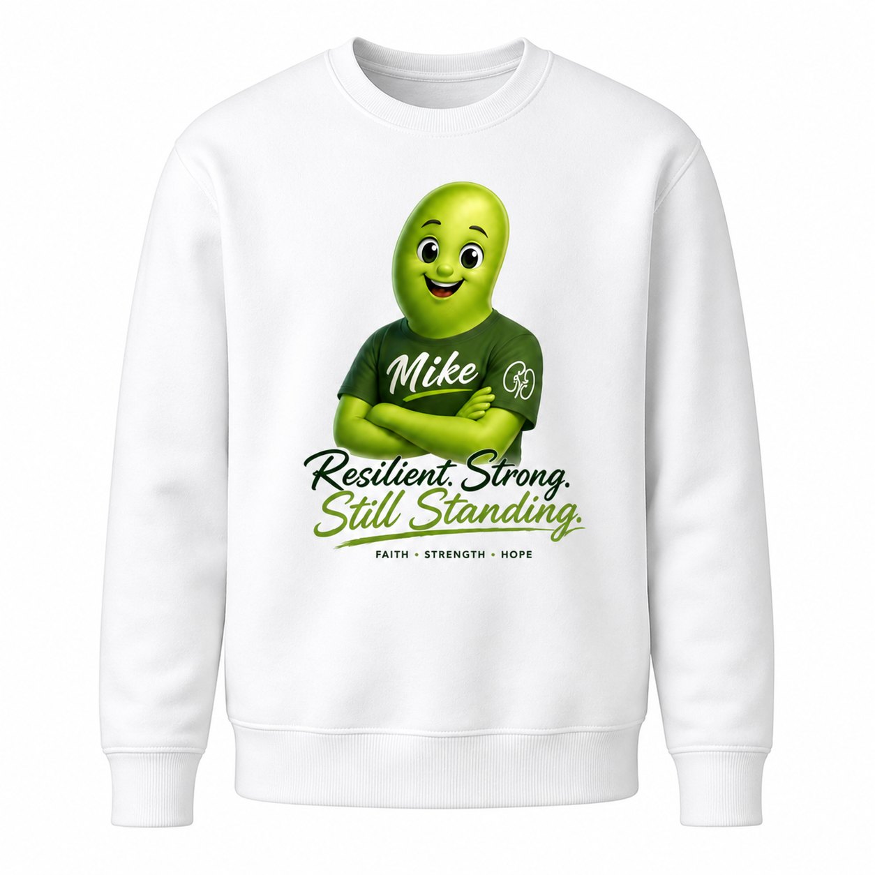 White sweatshirt with a green character and text on a white background