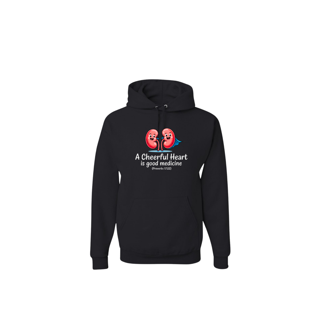 Black hoodie with a graphic of two red hearts and text on a white background