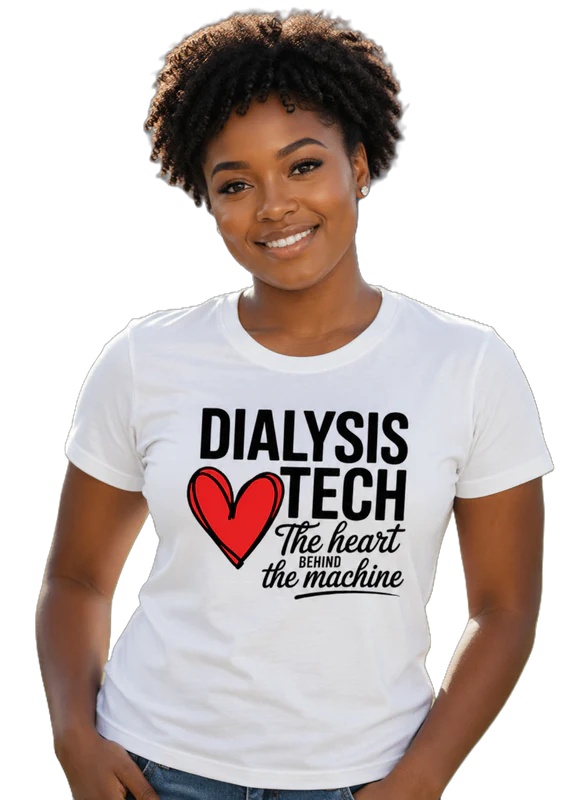Person wearing a white t-shirt with 'Dialysis Tech: The heart behind the machine' text and red heart graphic.