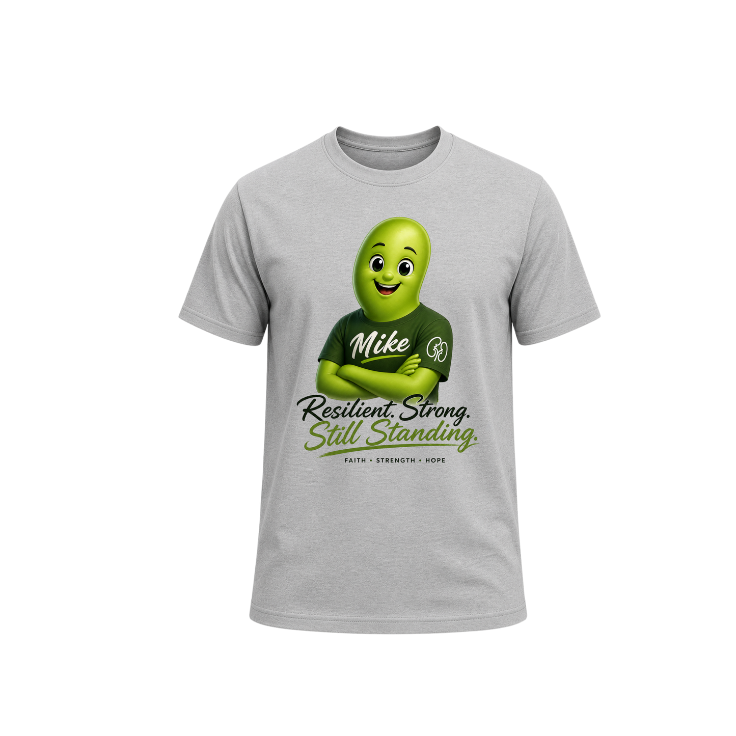 Gray t-shirt with a green character graphic and text on a white background