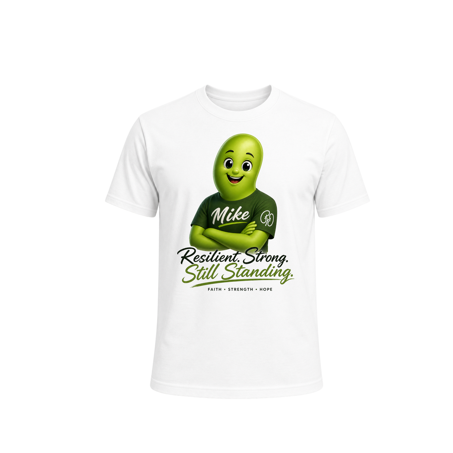 White t-shirt with a green character and text on a white background