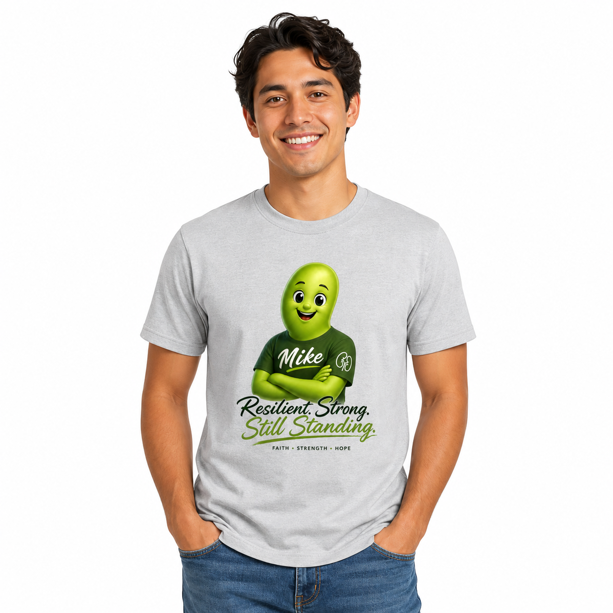 Person wearing a gray t-shirt with a green character graphic and text on a white background