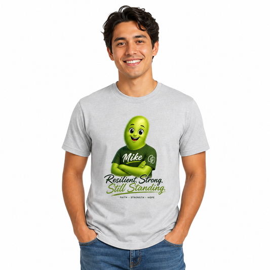 Person wearing a gray t-shirt with a green character graphic and text on a white background