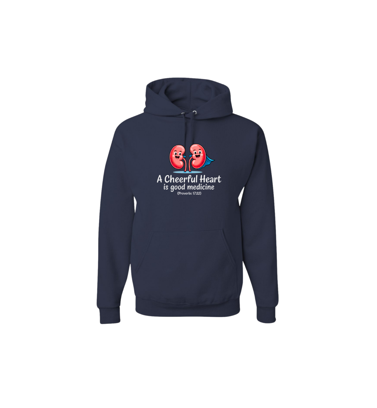 Navy blue hoodie with a graphic design and text on a white background