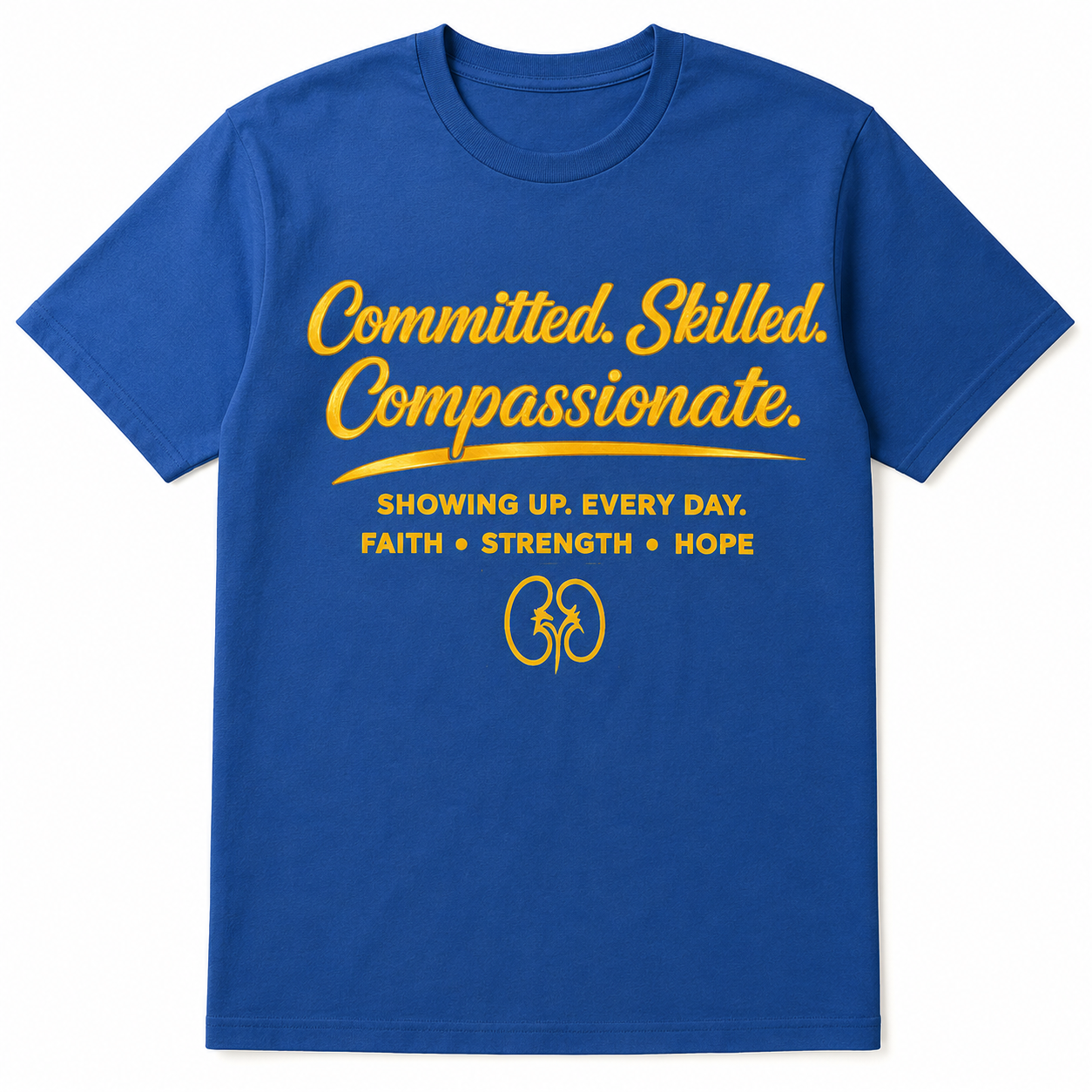 Blue t-shirt with yellow text and kidney symbol on a white background