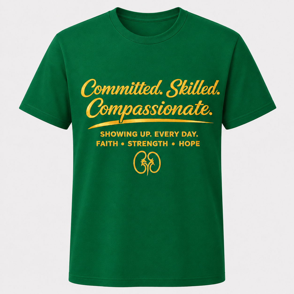 Green t-shirt with yellow text and symbols on a white background