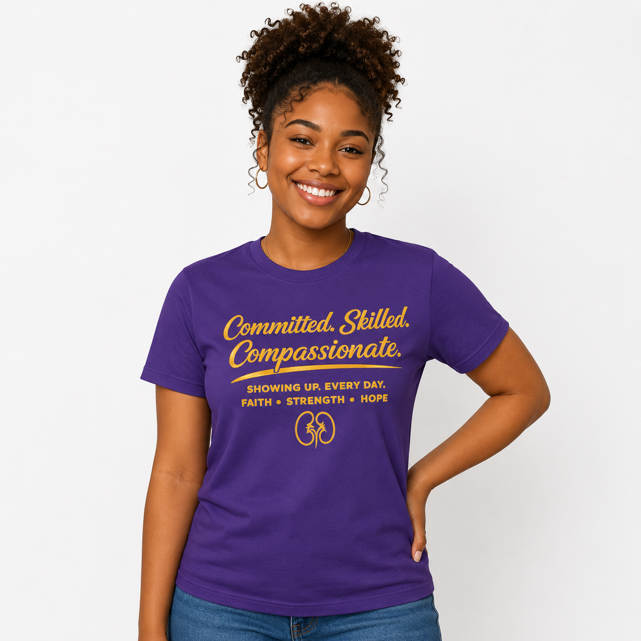 Person wearing a purple t-shirt with motivational text on a white background