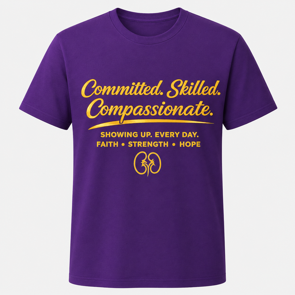 Purple t-shirt with yellow text and symbols on a white background
