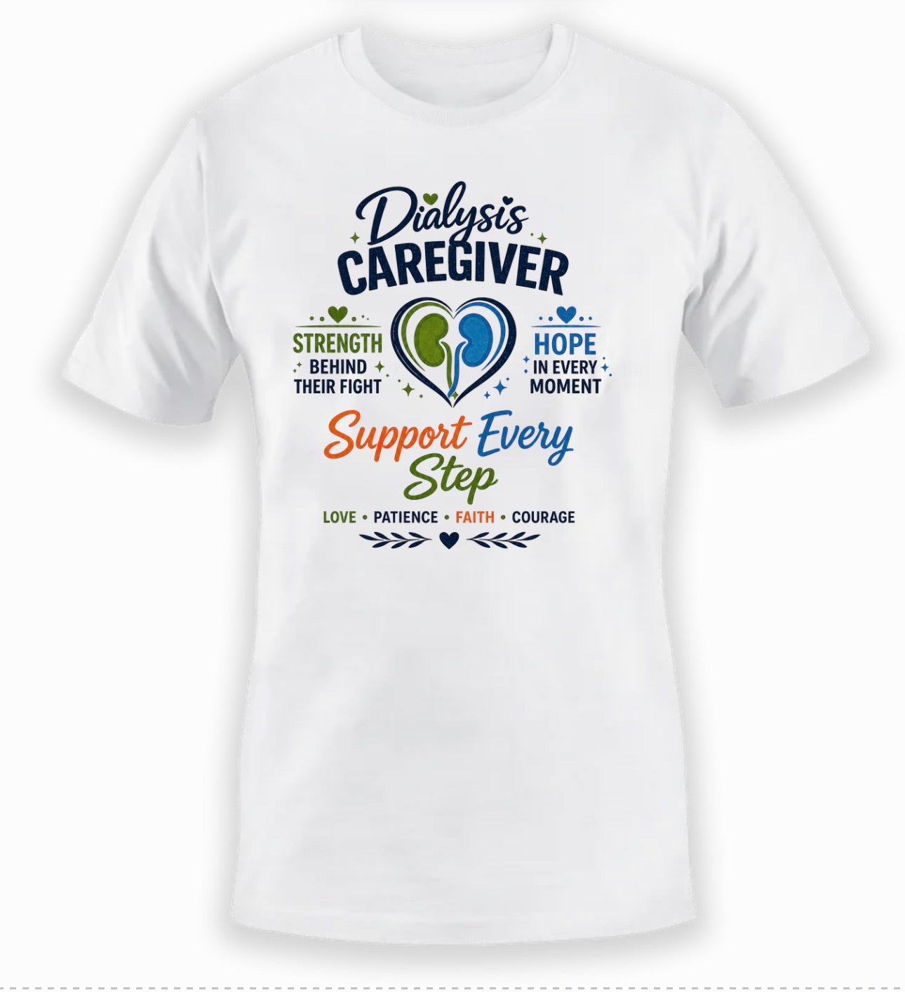 White t-shirt with colorful text and graphics on a white background