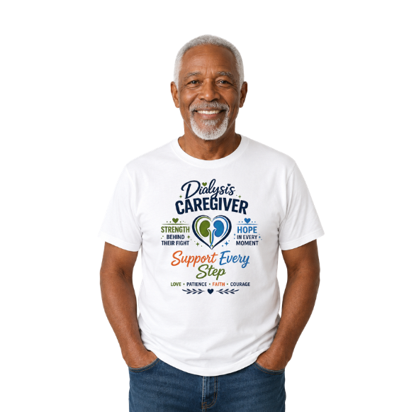 Man wearing a white t-shirt with a message about dialysis caregiver support on a white background