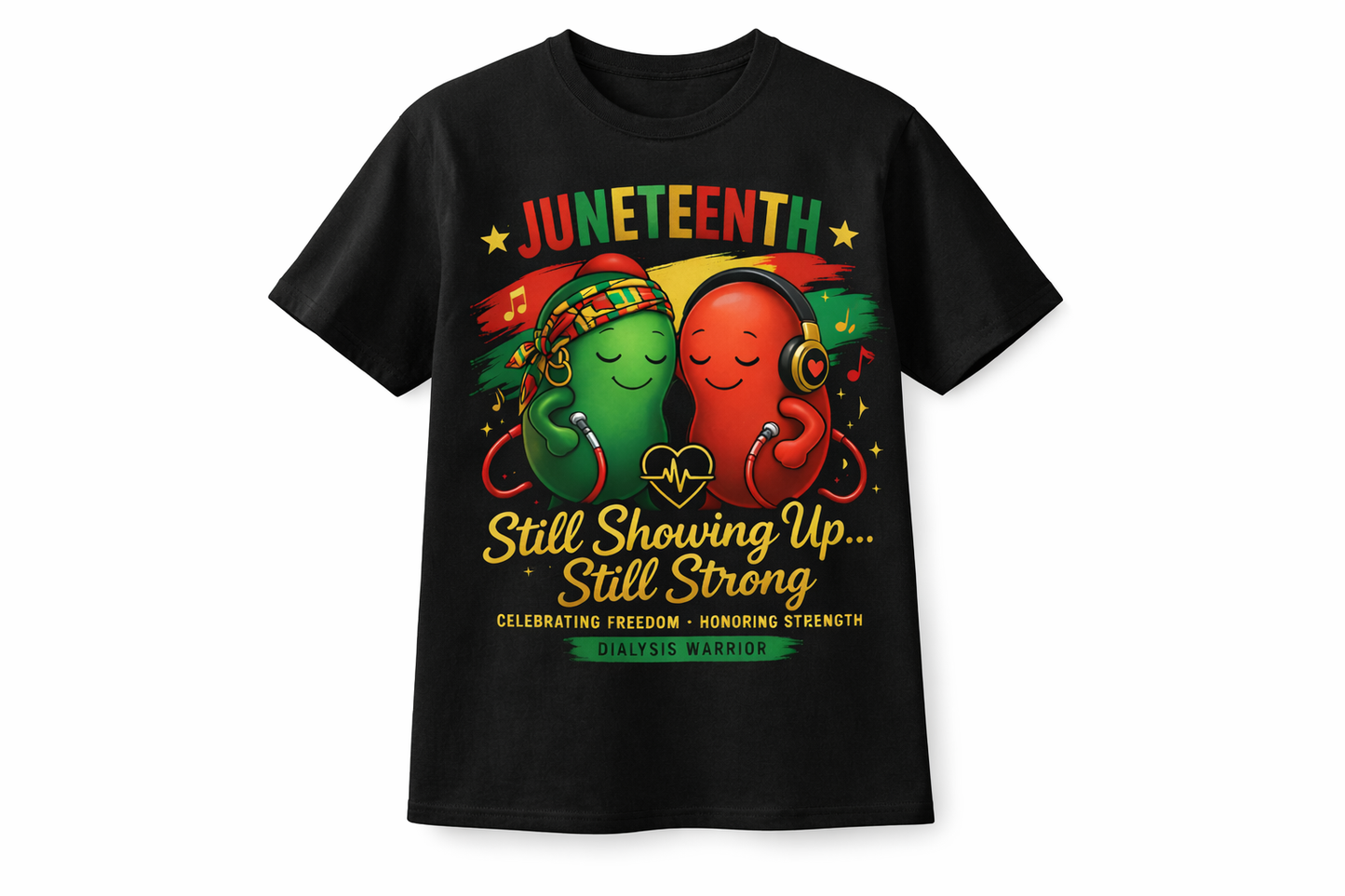 Black t-shirt with Juneteenth design featuring two kidney characters and text on a white background.