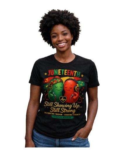 Woman wearing a black t-shirt with Juneteenth design and text.