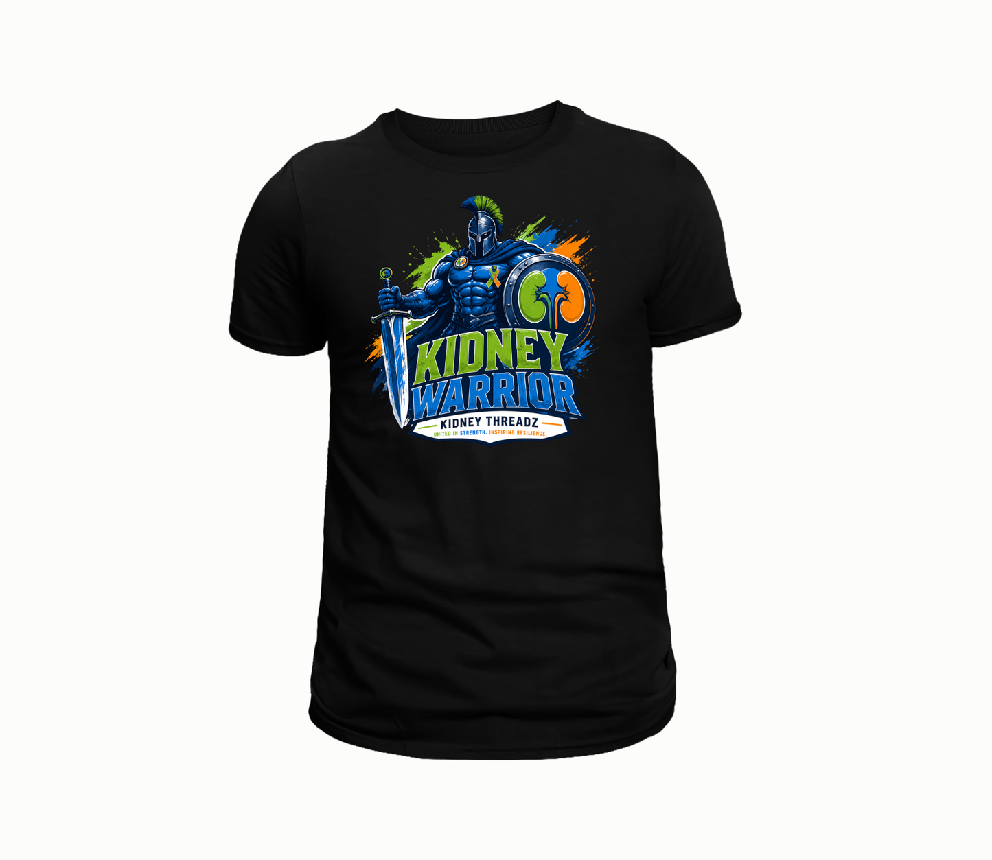 Black t-shirt with 'Kidney Warrior' graphic design on a white background