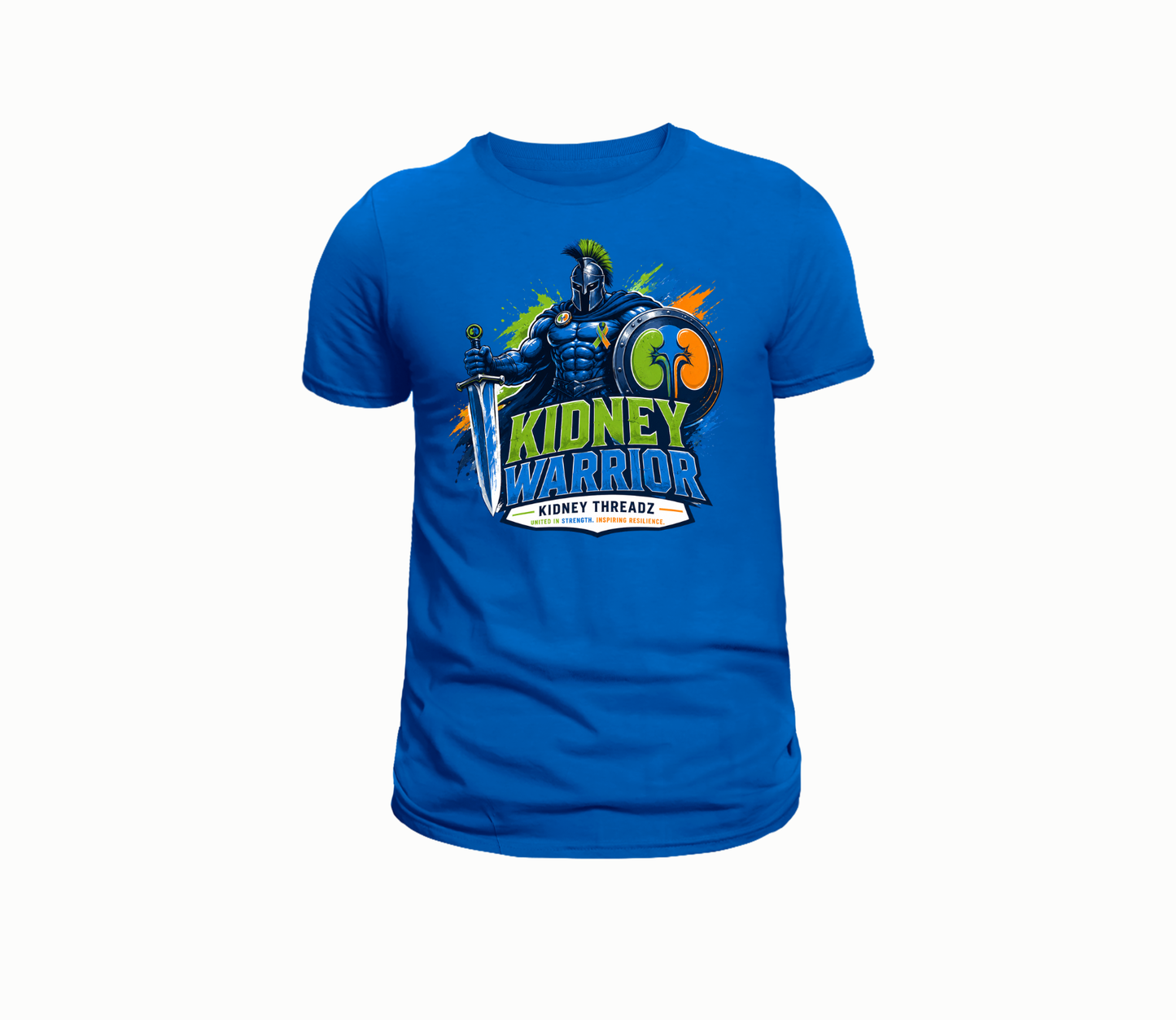 Blue t-shirt with 'Kidney Warrior' graphic design on a white background