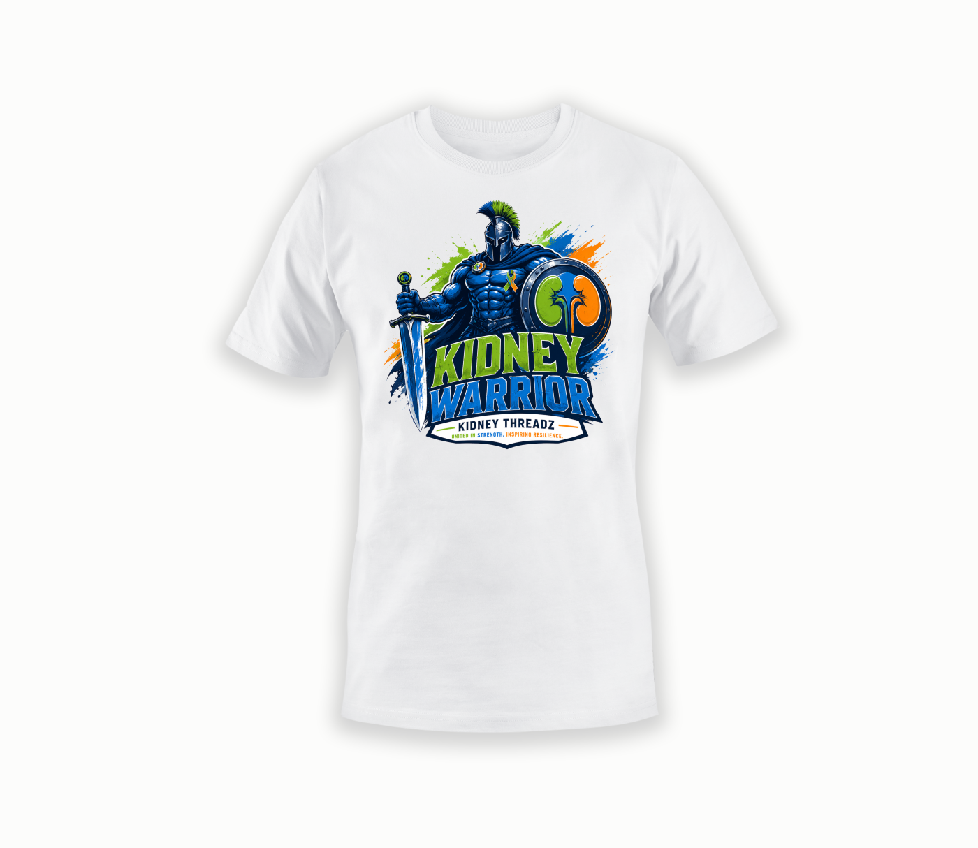 White t-shirt with 'Kidney Warrior' graphic design on a white background