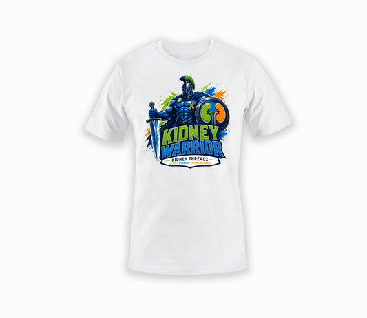 White t-shirt with 'Kidney Warrior' graphic design on a white background