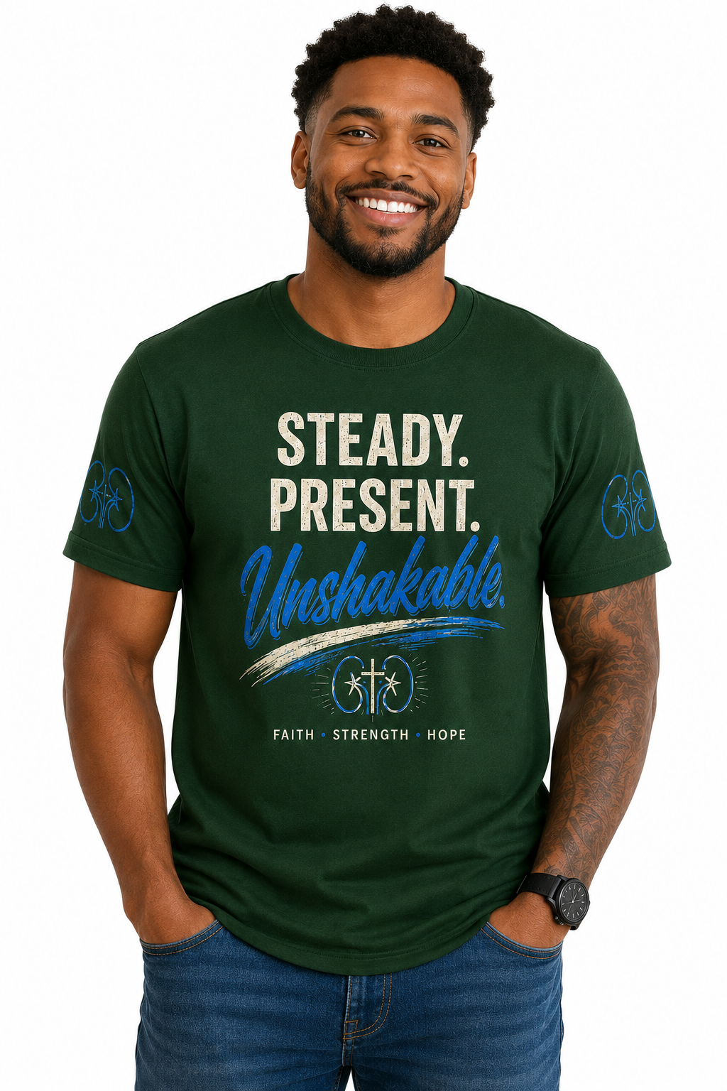 Man wearing a green t-shirt with motivational text on a white background