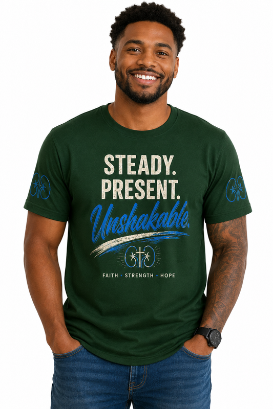 Man wearing a green t-shirt with motivational text on a white background