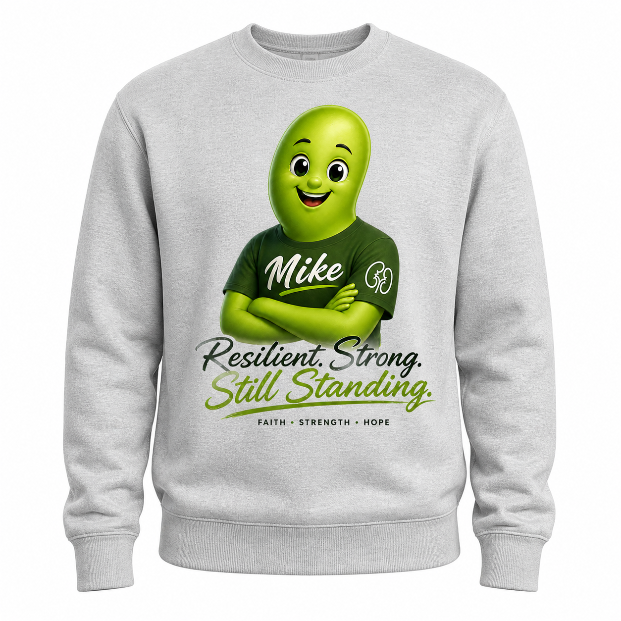 Gray sweatshirt with a green character and motivational text on a white background