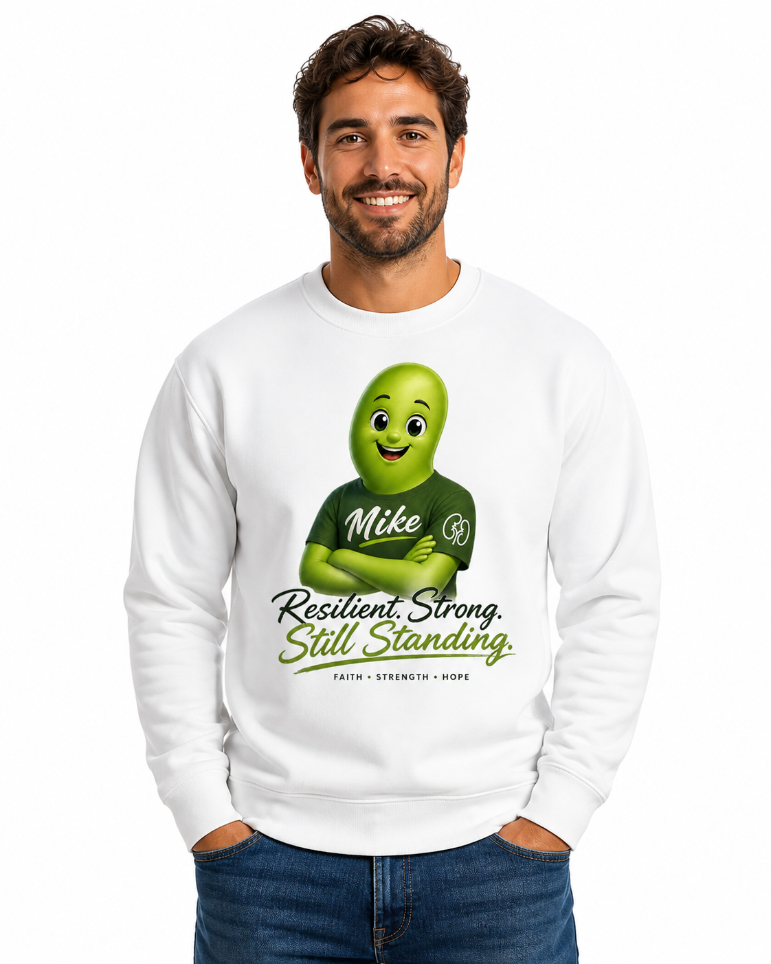 Man wearing a white sweatshirt with a green character graphic and text on a white background