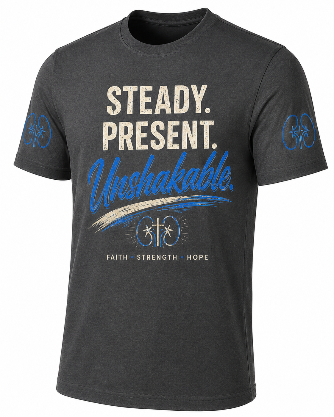 Black t-shirt with motivational text and branding on a white background