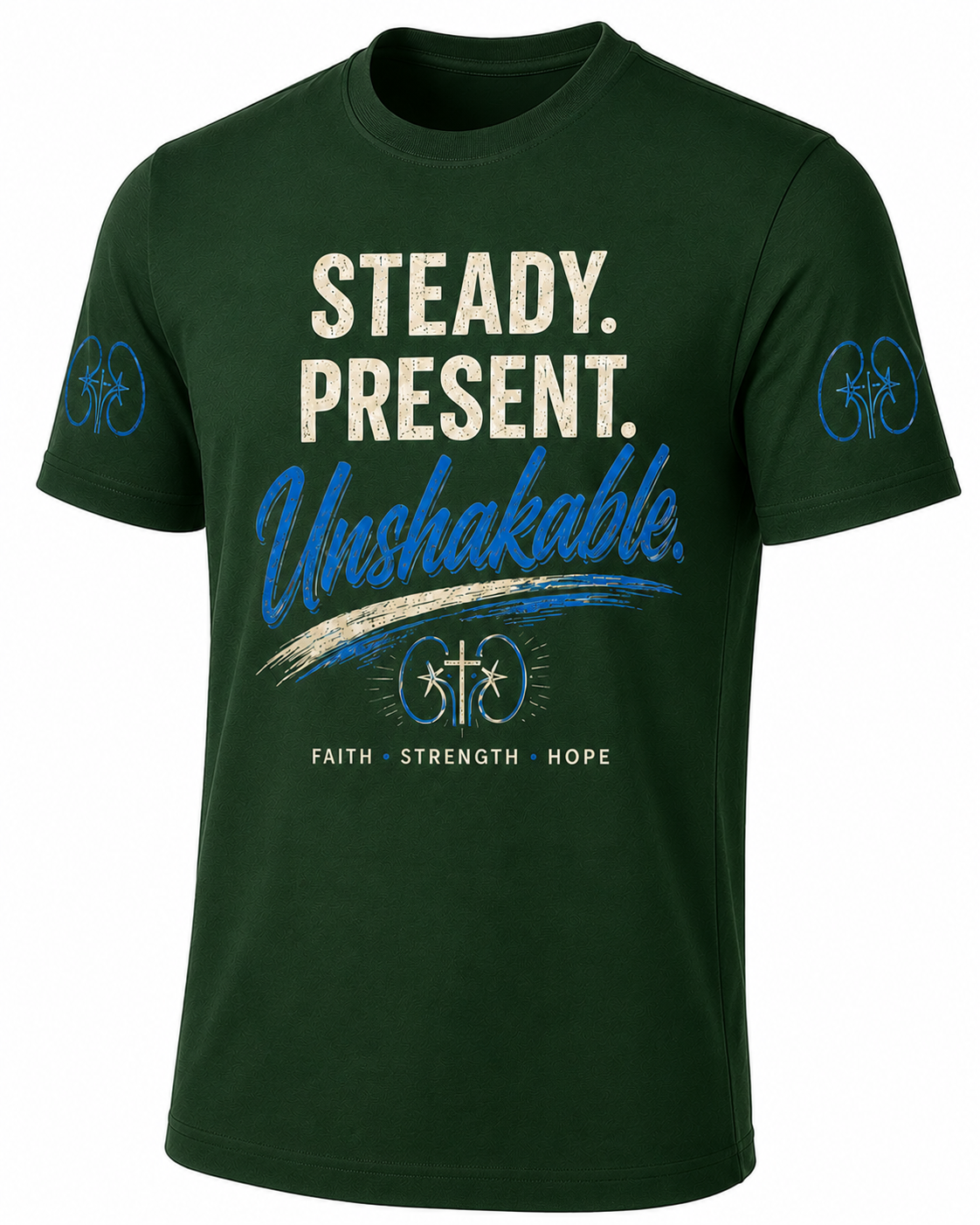 Green t-shirt with motivational text and symbols on a white background