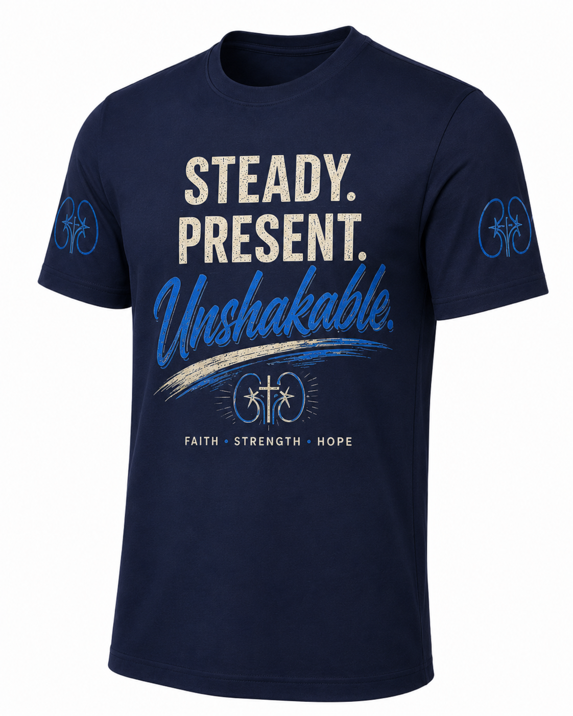Navy blue t-shirt with motivational text and graphics on a white background