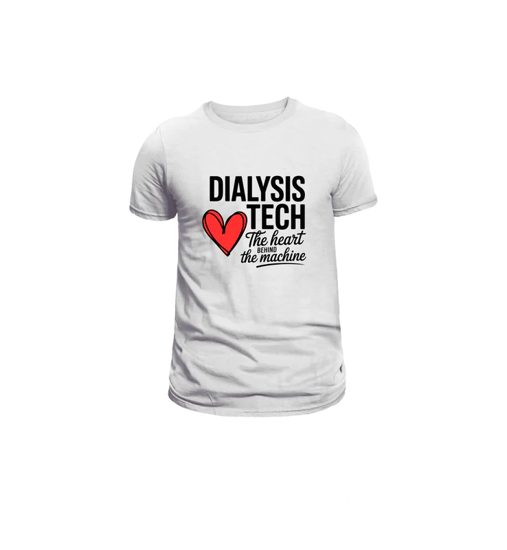 White t-shirt with 'Dialysis Tech The heart is still the machine' text and red heart graphic on a white background